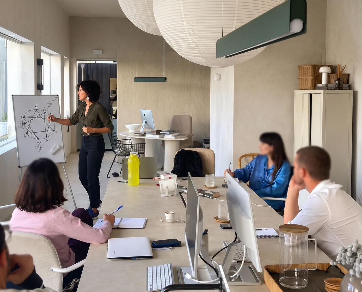 Margarida Rocha a facilitar uma sessão junto ao flipchart, com participantes sentados à mesa